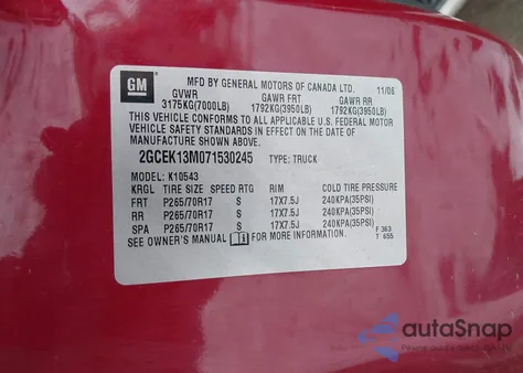 2007 Chevrolet Silverado 1500 Lt1 из США, поврежденный, VIN 2GCEK13M071530245